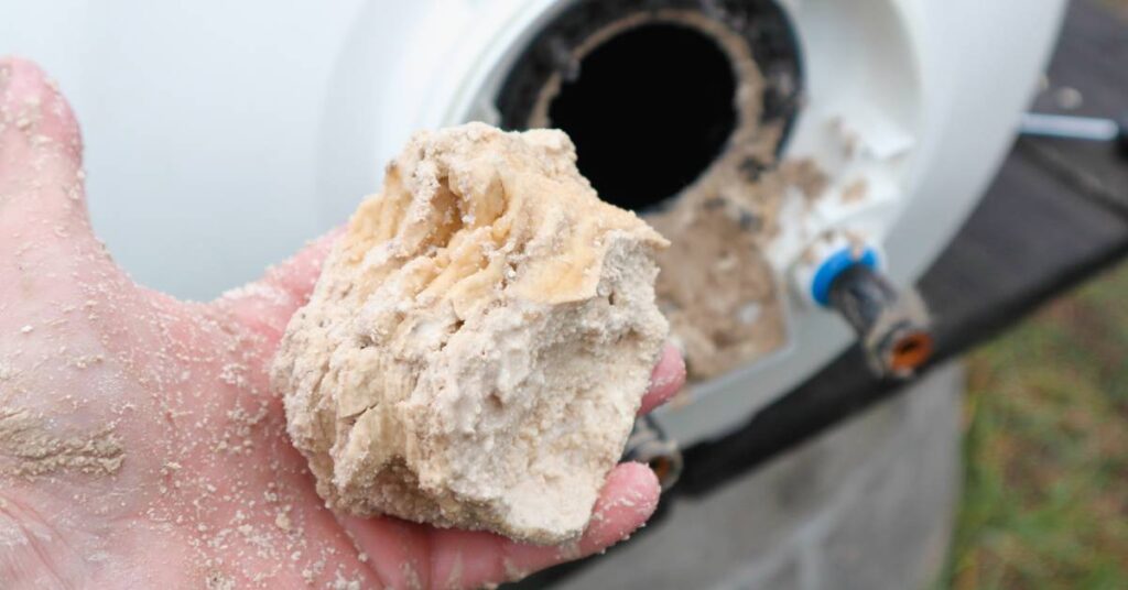 Someone's left hand holding a large clump of mineral deposits that could be the result of hard water buildup.