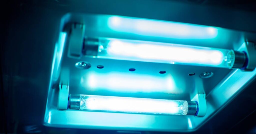 The close-up image of technology that uses ultraviolet light, which appears light in this rendering.