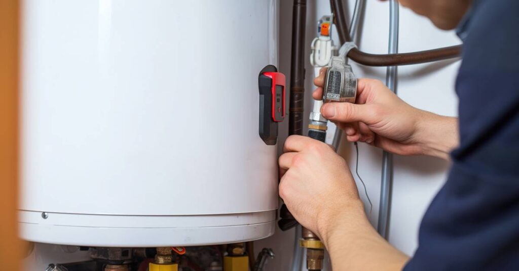 A close-up of a worker installing a residential water heater. The workers connect two components near the heater.