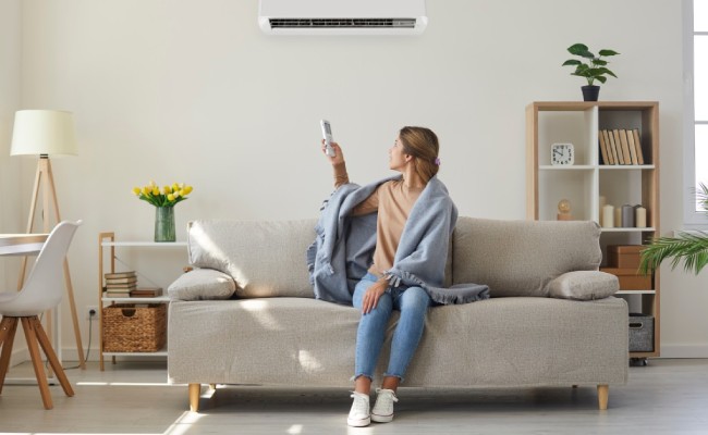A woman sitting on a sofa in her living room wearing a blanket adjusts her the A/C unit on her white wall.