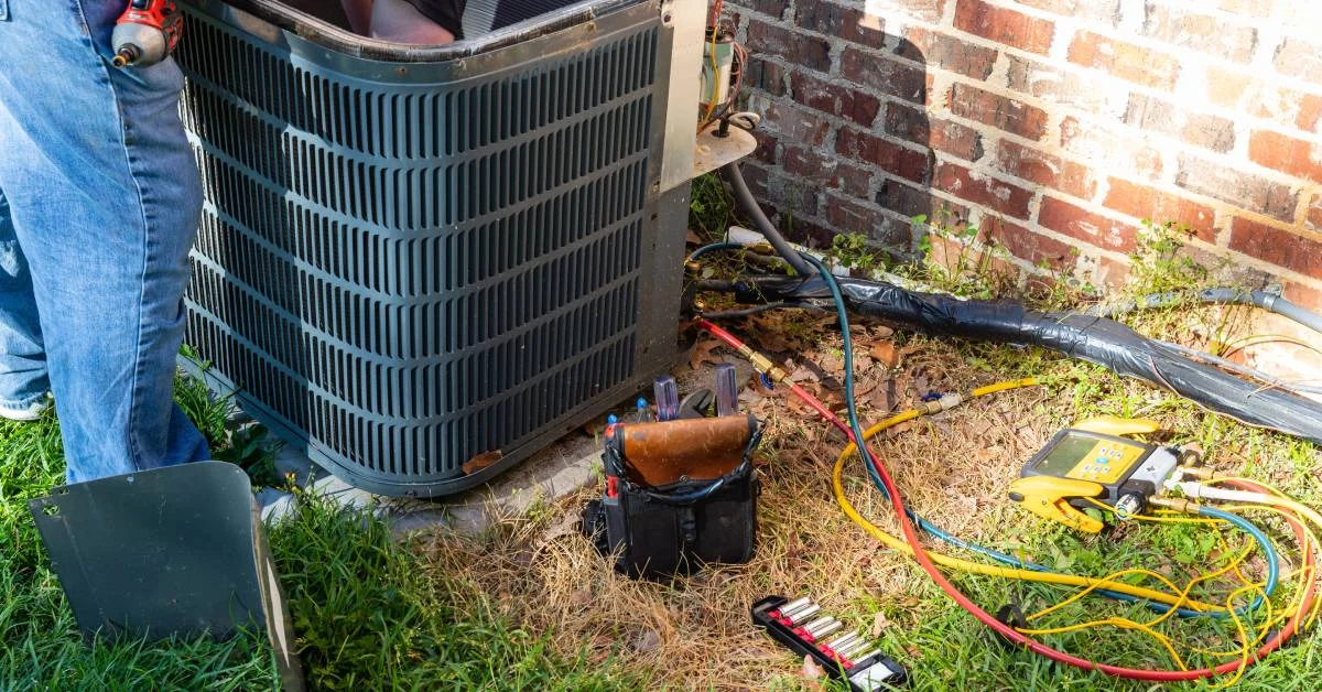 An air conditioning contractor bends over an outdoor AC unit to work on it. Their toolbelt rests beside the unit.